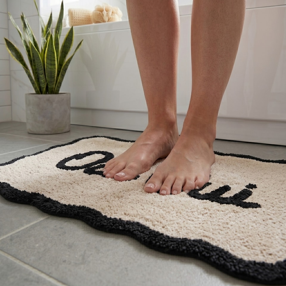 image 1 of Oui Oui Slogan Scalloped Bath Mat