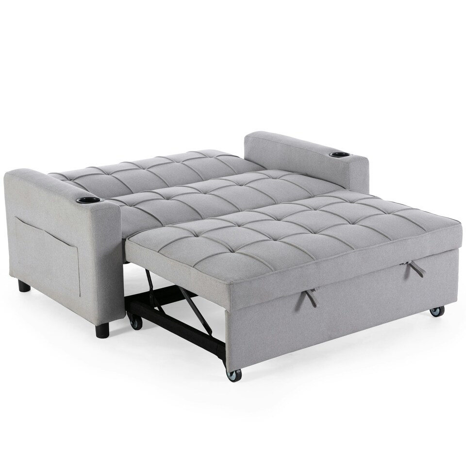 image 1 of Hudson 2-Seater Sofa Bed Linen Fabric with Cup Holders (Light Grey)