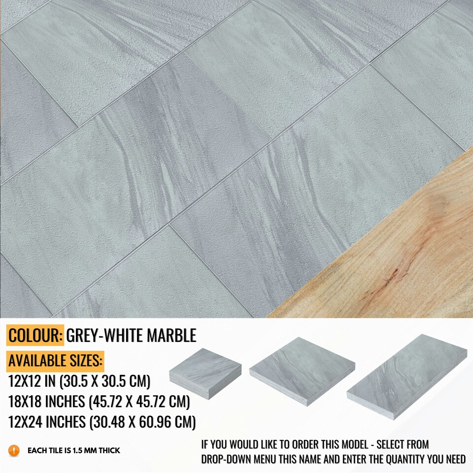 image 1 of NOVECRAFTO Vinyl Floor Tiles Self Adhesive – 12x24in Peel and Stick Waterproof Rectangular Flooring for Kitchen & Bathroom – Grey White Marble Effect Grey | 3.71 sqm