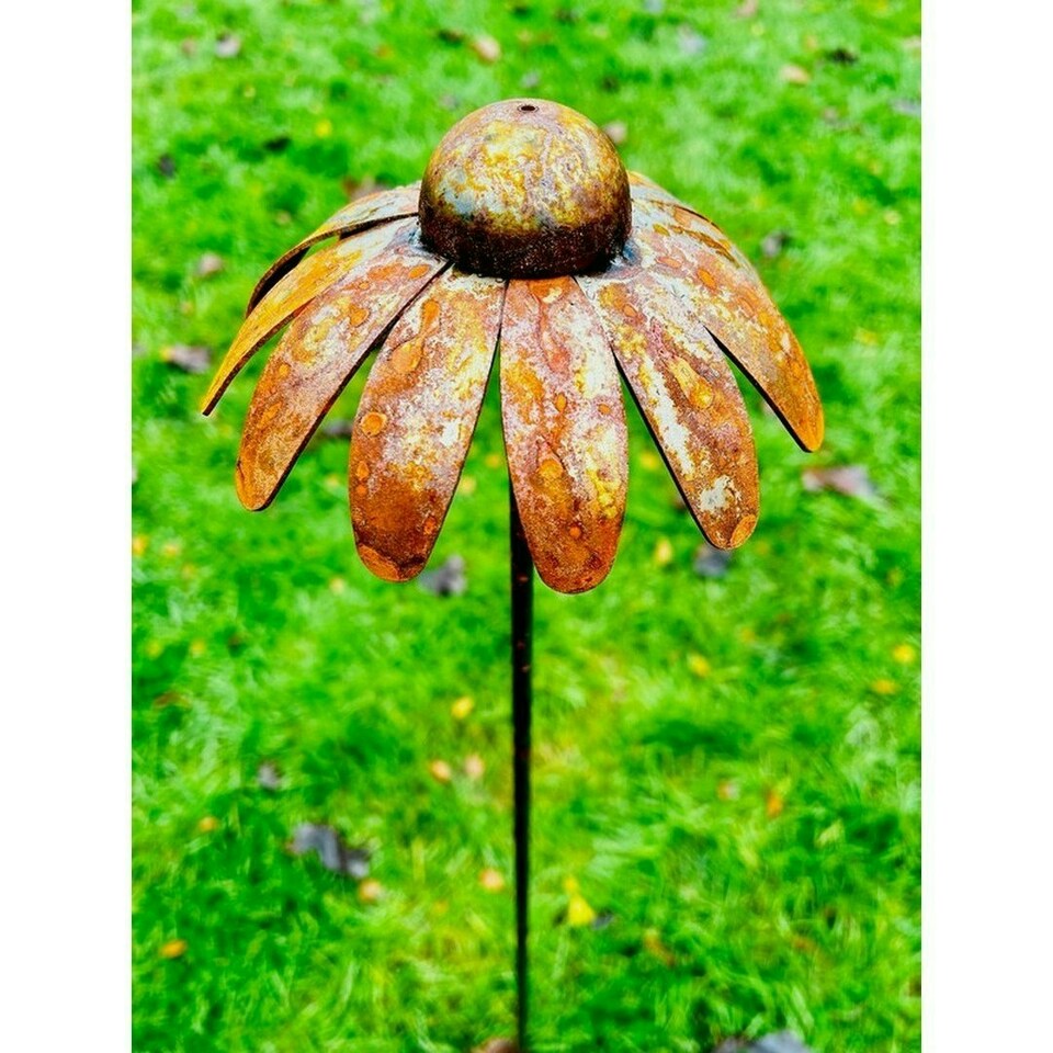 image 1 of 3 Feet Cone Flower Plant Pin Garden Art (Pack of 3) - Bare Metal/Ready to Rust