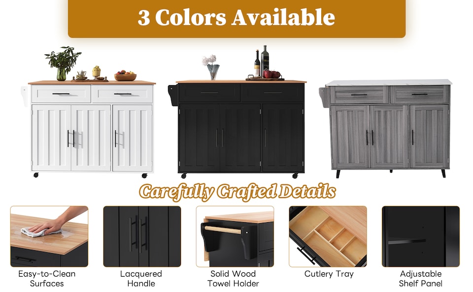 image 1 of VILUXE Mobile Kitchen Island with Foldable Worktop, 2 Drawers, Adjustable Shelves, Towel Rail, Wheels and Solid Wood Feet, Black and Natural