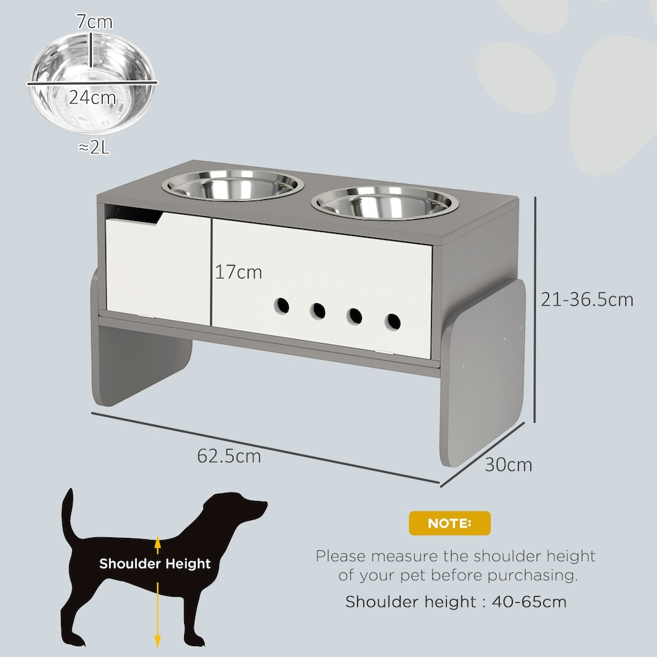 image 1 of PawHut Height Adjustable Dog Feeding Storage w/ 2 Stainless Steel Bowls Grey