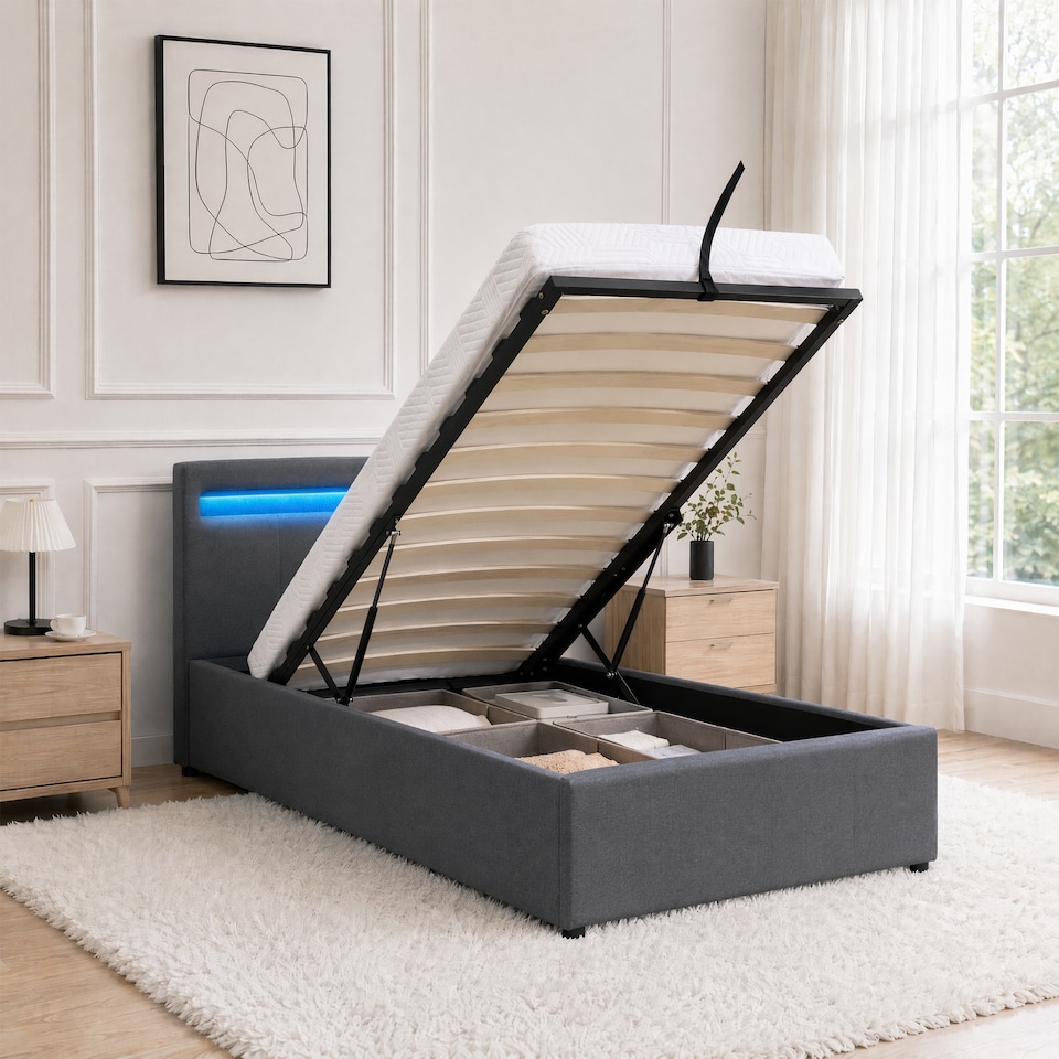 image 1 of 3ft Single Modern Gas Lift Ottoman Bed Frame with LED In Dark Grey