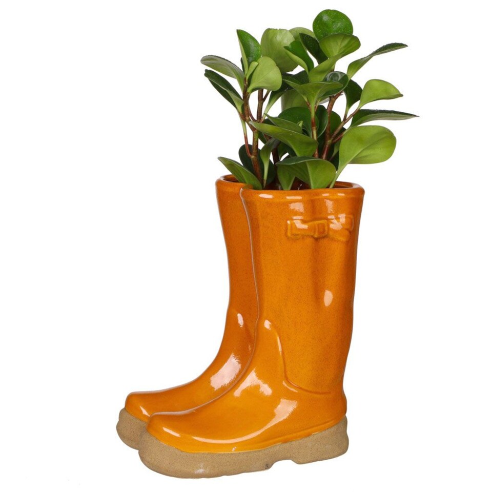 image 1 of Orange Double Wellington Boots Large Ceramic Indoor Outdoor Flower Pot Garden Planter Pot H29.5 x W24cm | Orange | Orange