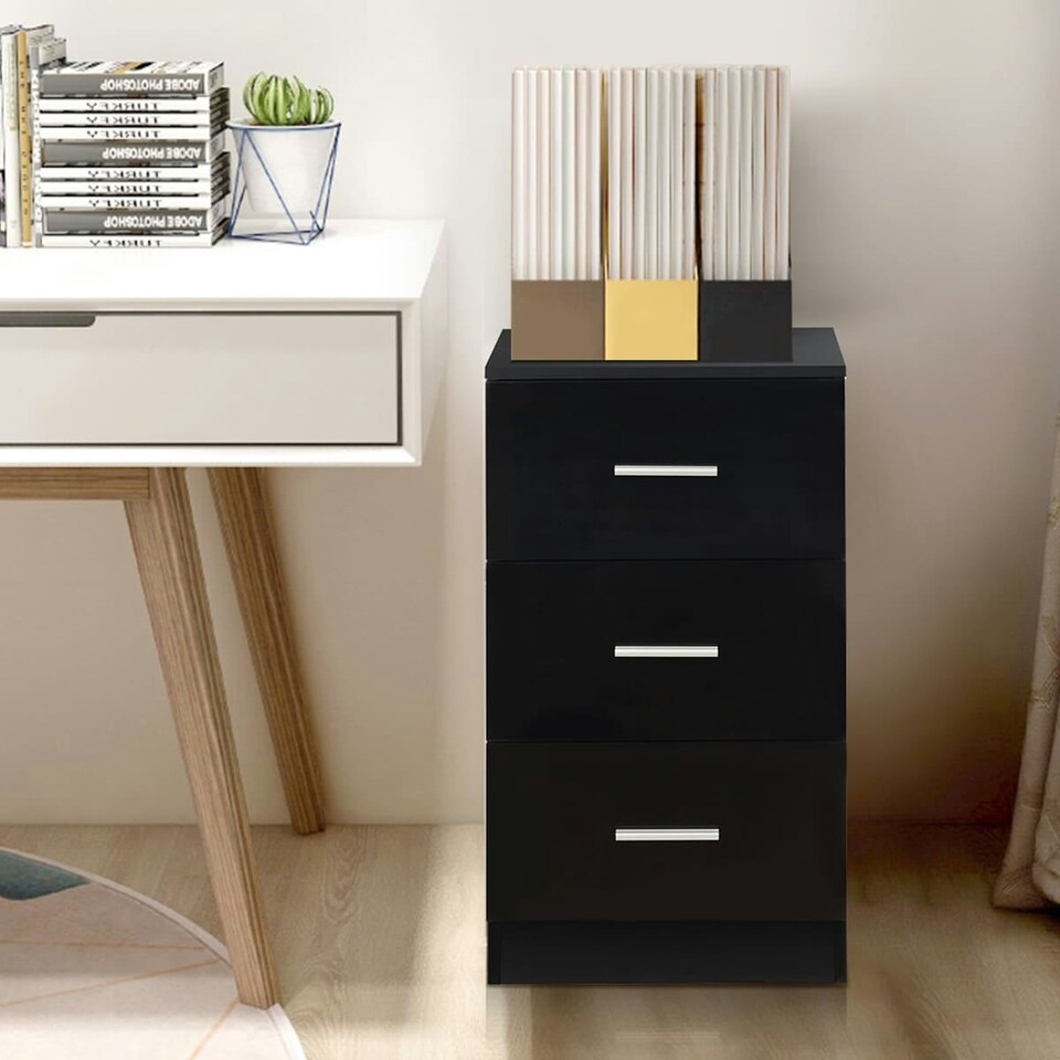 image 1 of COSTWAY 2Pcs NightStand 3-Drawer Chest Storage Dresser Black Black