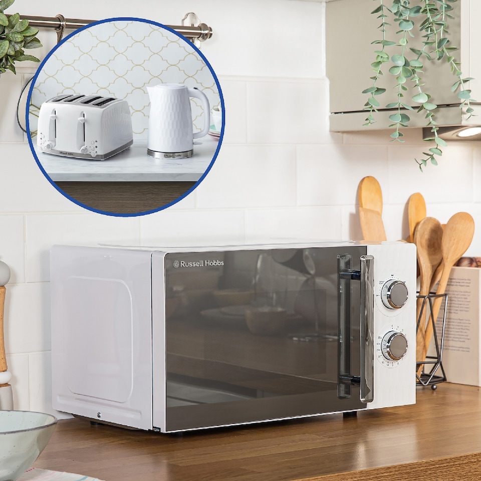 image 1 of Russell Hobbs Honeycomb Bundle Set with Kettle, 4 Slice Toaster, and Microwave White HCBNDL4W