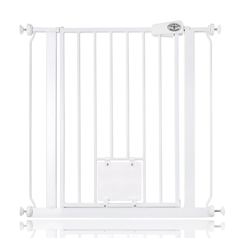 image 1 of Bettacare Pet Gate with Lockable Cat Flap, 75cm - 83cm, White, 75cm in Height, Dog Safety Barrier with Cat Flap | White