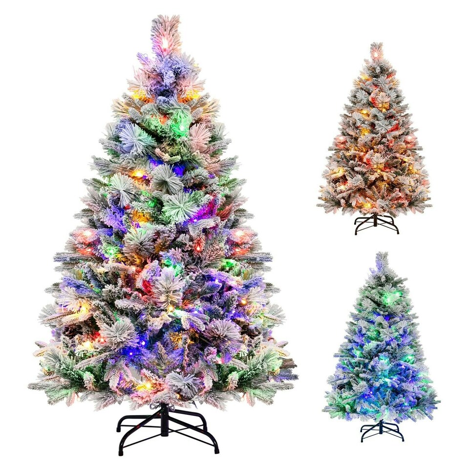 image 1 of COSTWAY 4.5 FT Pre-Lit Artificial Christmas Tree Snow-flocked | Green | One Size