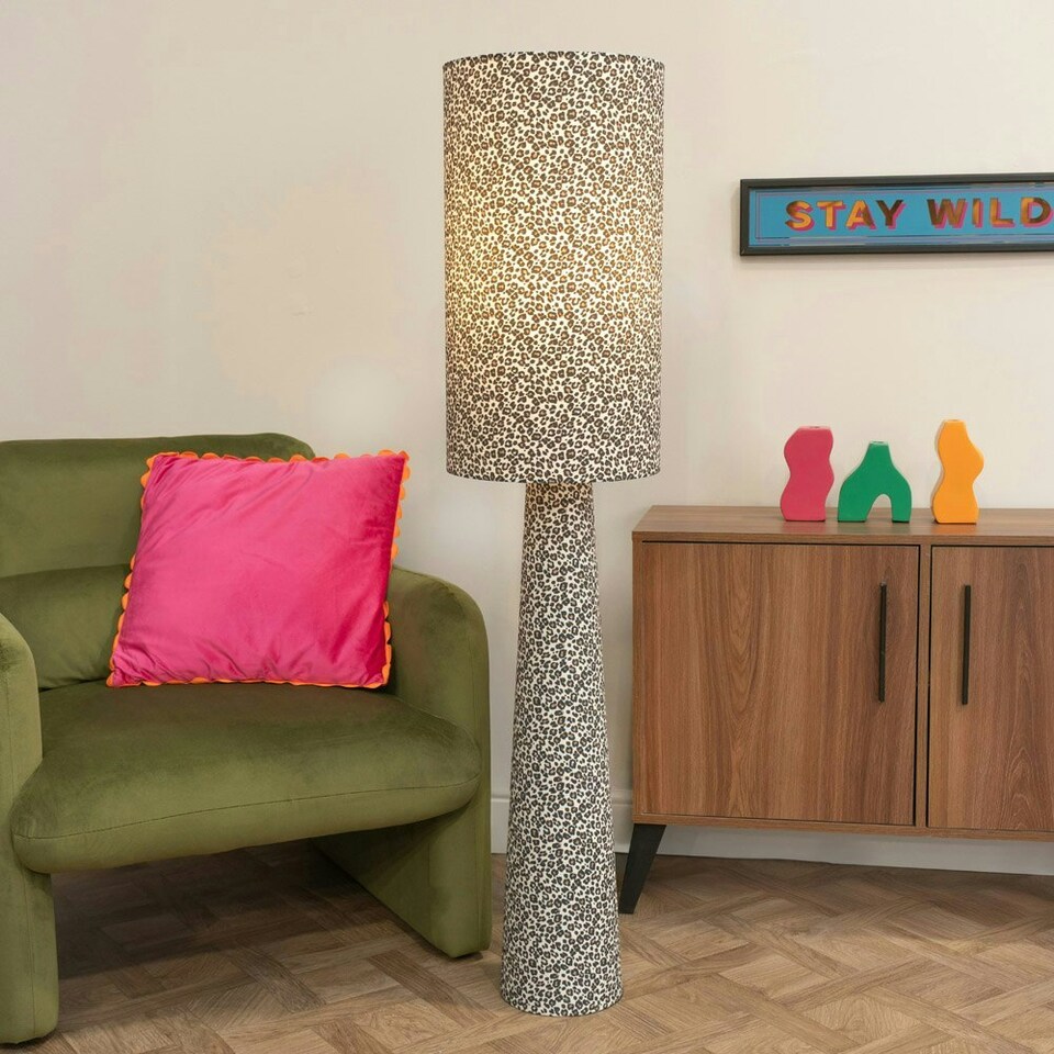 image 1 of ValueLights Bertie Leopard Print Full Fabric Midi Floor Lamp and LED Bulb Brown