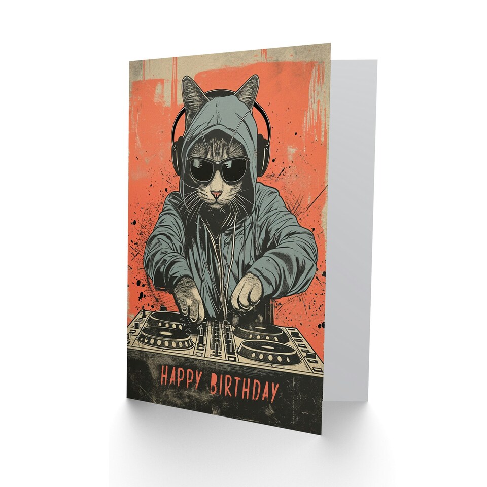 image 1 of DJ Cat with Hoodie and Sunglasses For Him Birthday Card
