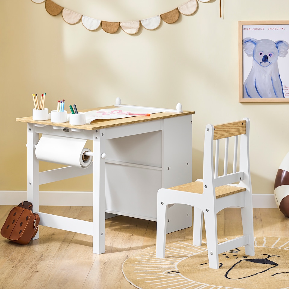 image 1 of SoBuy Kids Desk and Chair Set with 2 Storage Shelves and Paper Roll Holder, White/Natural, 31.4x19.6x25.1 in, 15.3 kg - KMB60-WN