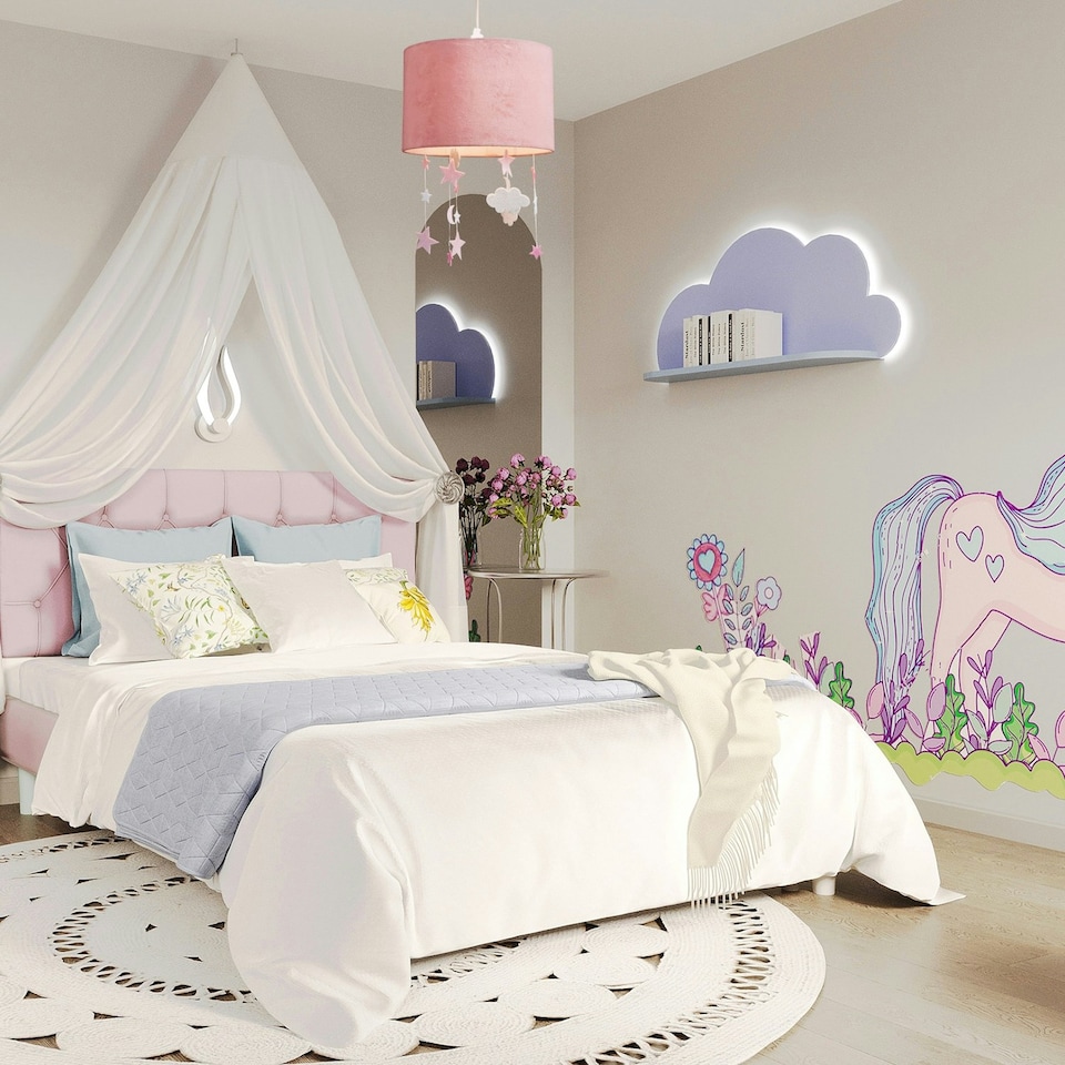 image 1 of Soft Blush Pink Velvet Pendant Lamp Shade with Hanging Felt Stars and Clouds | Pink