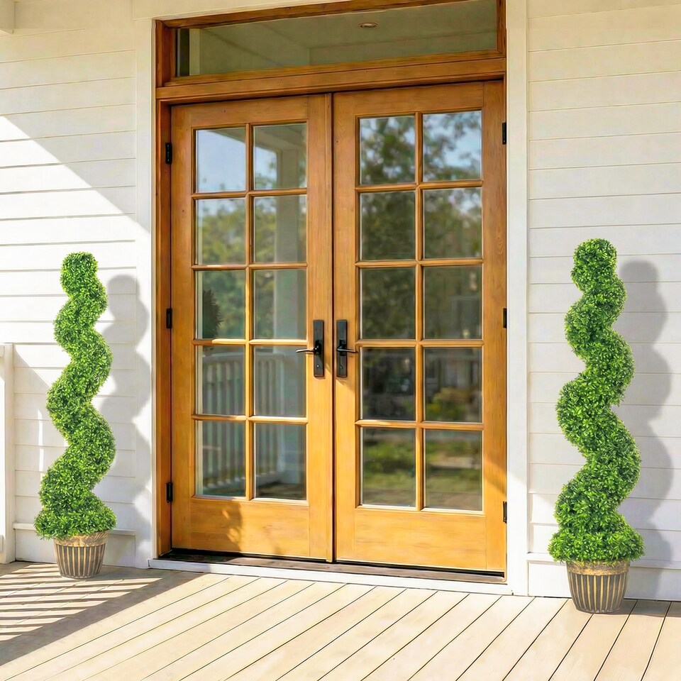 image 1 of HOMCOM Set of 2 Potted Artificial Plants, Topiary Spiral Boxwood Trees | Green | Boxwood Green | 5ft