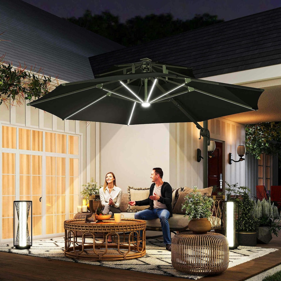 image 1 of Outsunny 3m Cantilever Parasol Solar Lights Power Bank Base 360° Spin Dark Grey