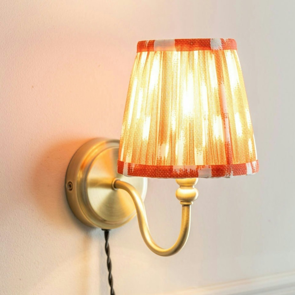 image 1 of ValueLights Neely Pair of - Plug in Antique Brass Easy Fit Wall Lights with Orange Pleated Fabric Tapered Lampshade