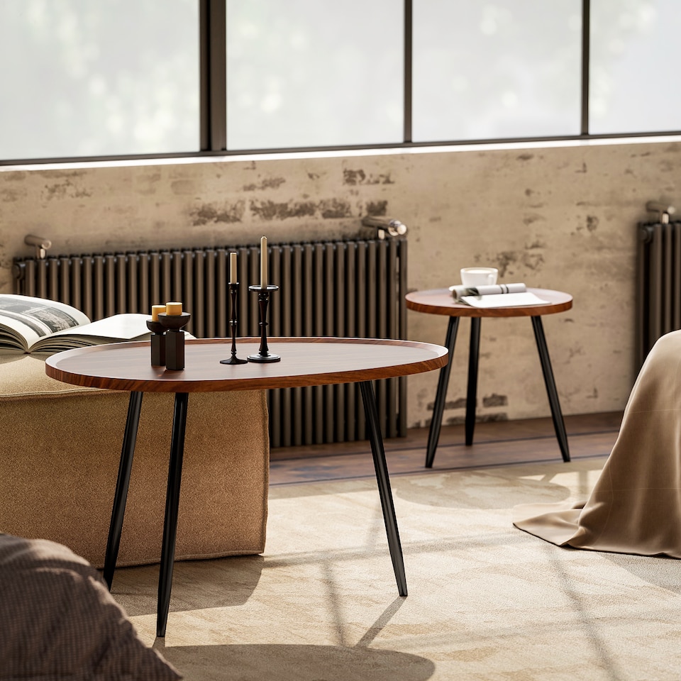 image 1 of HOMCOM Nesting Coffee Table Set of 2, 80cm Modern Stacking End Side Table with Metal Legs for Living Room Bedroom Office, Chestnut Wood Effect