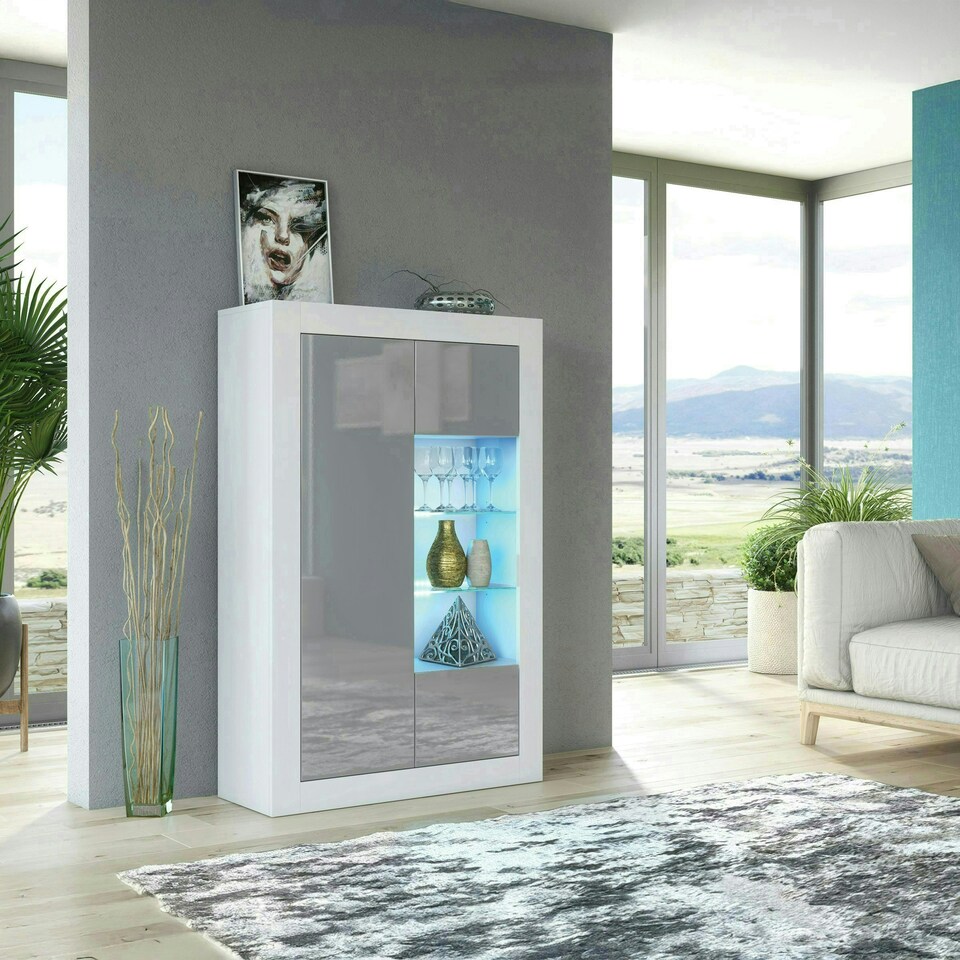 image 1 of Display Cabinet 93cm Grey Gloss Doors White Matt Body Free LED | White | Grey