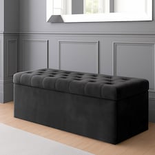 137cm SD Ottoman Storage Box, Black Velvet Upholstered Chesterfield Storage Ottoman Box