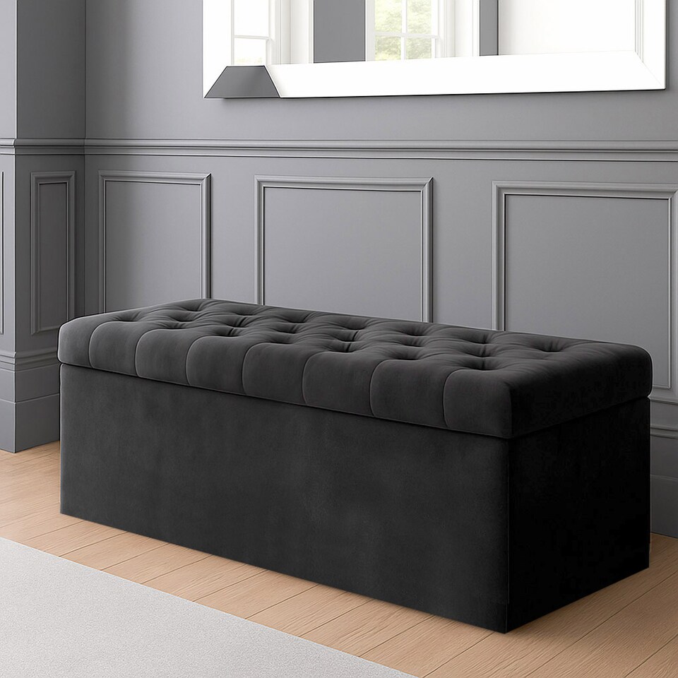 image 1 of 137cm SD Ottoman Storage Box, Black Velvet Upholstered Chesterfield Storage Ottoman Box
