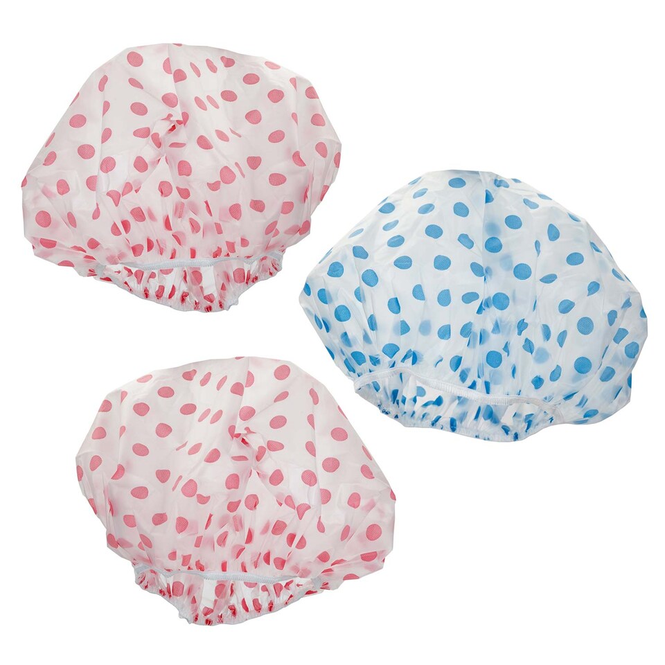 PMS Spotty Printed Shower Caps - Waterproof Elastic Fit 3-Pack, Pink & Blue