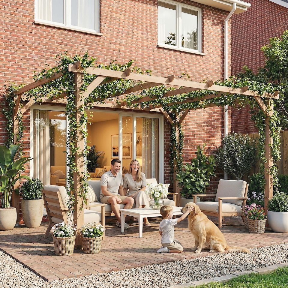 image 1 of Outsunny 4x3 m Garden Wooden Pergola Gazebo Grape Trellis, Maple Wood-effect | Brown | Maple wood-effect