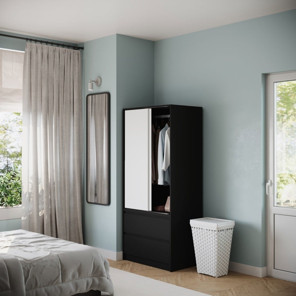 image 1 of URBNLIVING 2 Sliding Door Wardrobe With 2 Drawers And Hanging Rail | Black | White Doors | 1
