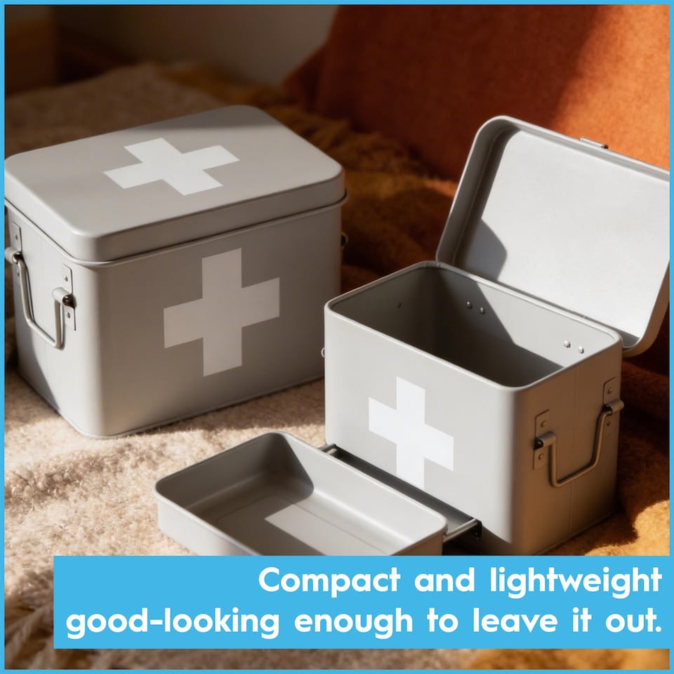image 1 of Harbour Housewares Metal First Aid Box - 23cm - Medical Storage Tin with Airtight Lid, Handles & Removable Organiser Tray | White | White | 1
