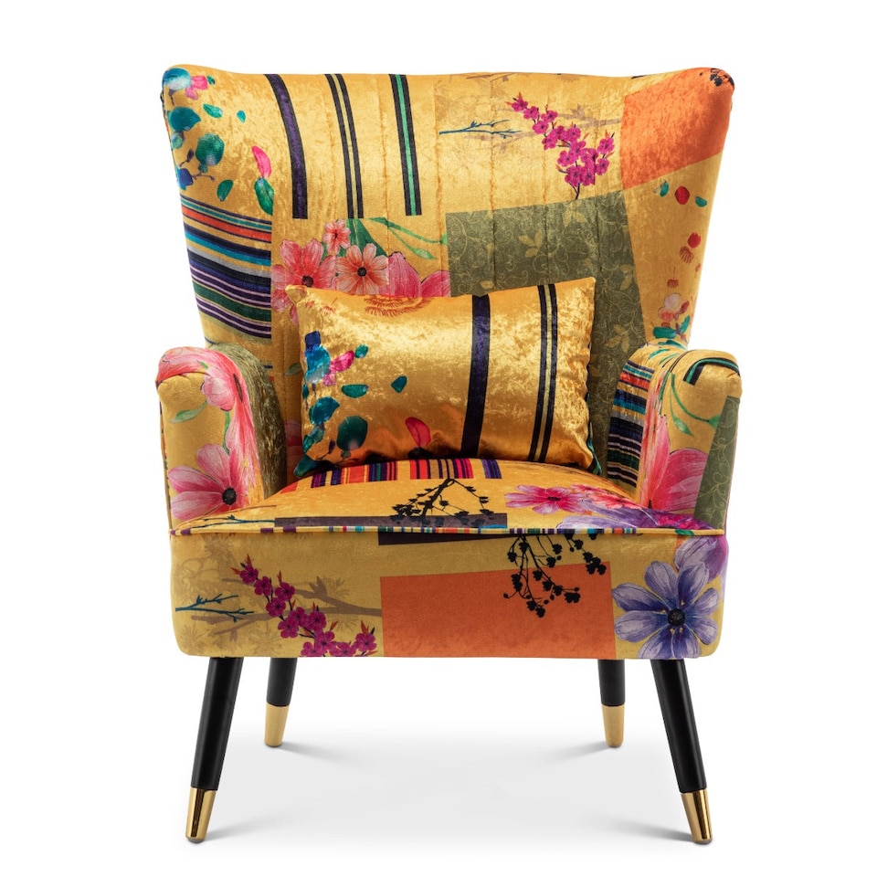 image 1 of Fabric Gold Patchwork Victoria Accent Wingback Chair with Footstool