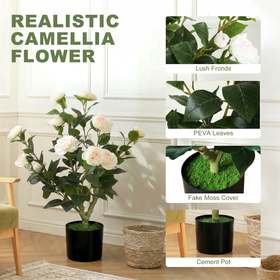 image 1 of HOMCOM 65cm Artificial Camellia Flower Plant with 116 Lush Leaves