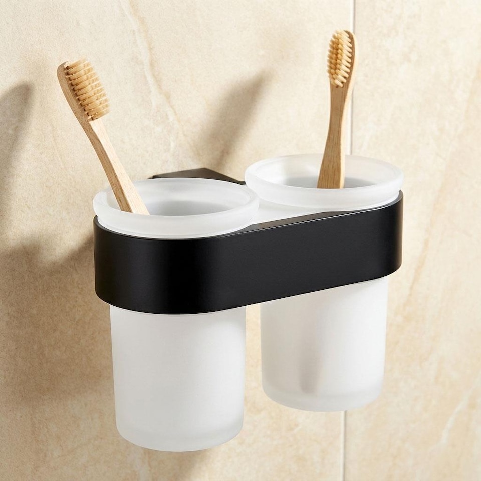 image 1 of Double Tempered Glass Toothmug Toothbrush Cup Bathroom Black Powder Coated Zamak