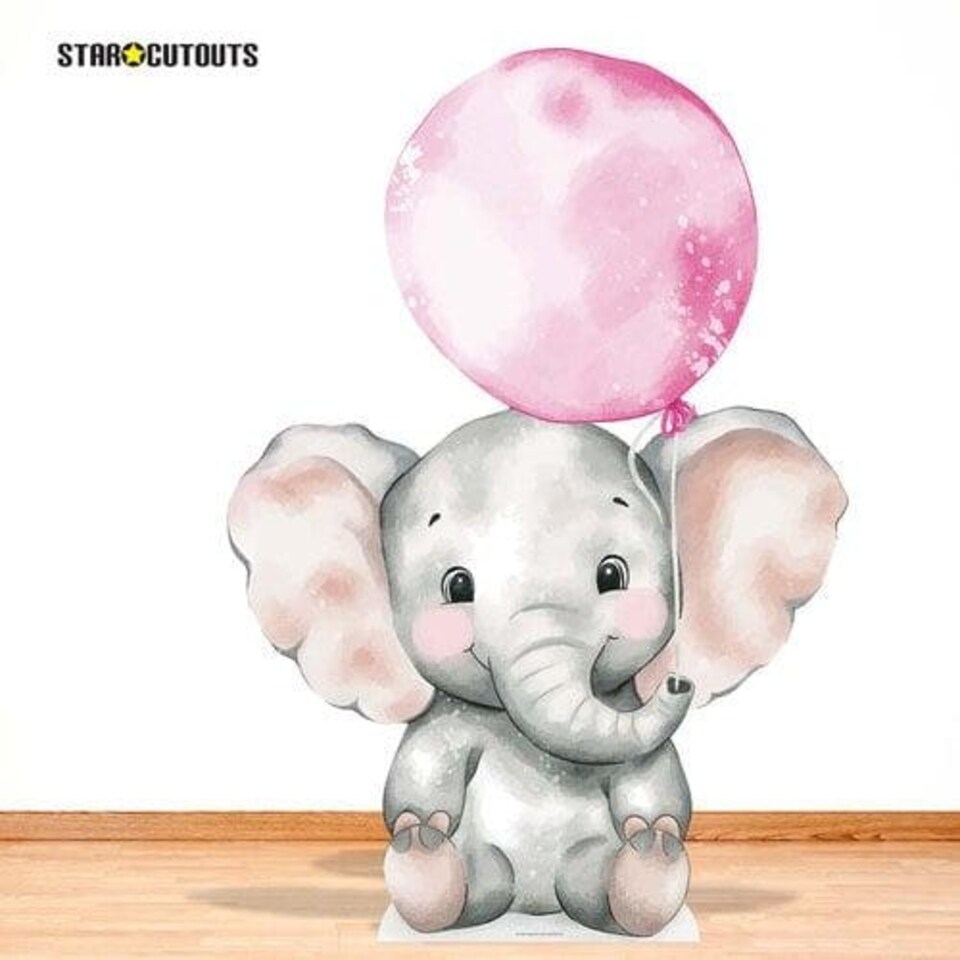 image 1 of Elephant with Pink Balloon Lifesize Cardboard Cutout 133cm Pink