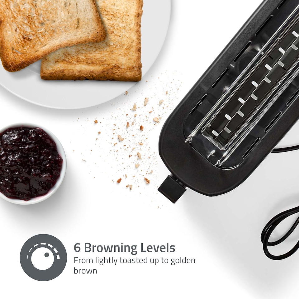 image 1 of Long Slot Toaster, Long Slice or 2 Slice Stainless Steel Toaster with Bun Warming Rack, 6 Browning Levels, Removeable Crumb Tray, Defrost and Reheat, 1000W