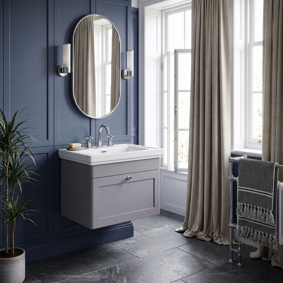 image 1 of Balterley Swynnerton Traditional 1 Drawer Wall Hung Vanity Unit with Basin, Satin Grey, 600mm