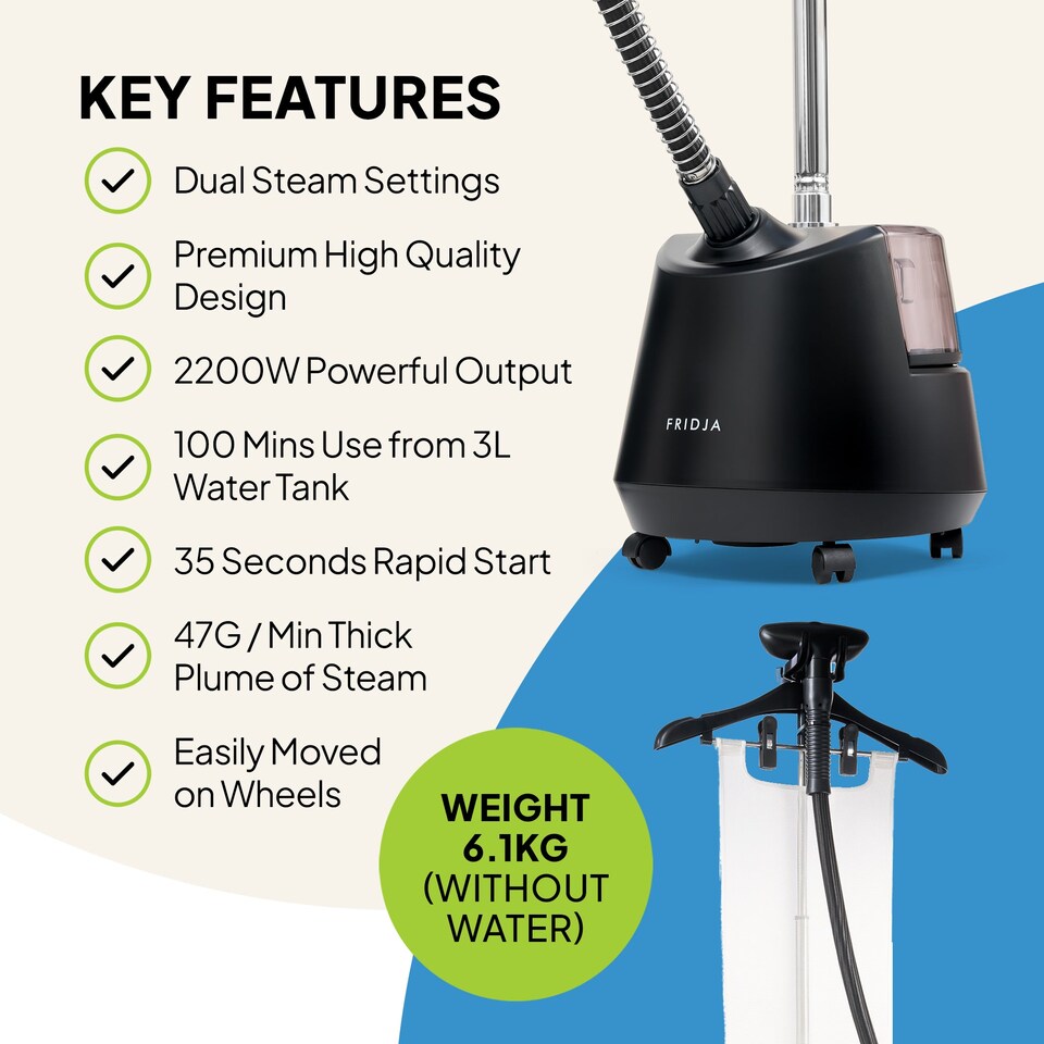 image 1 of Fridja F1200 Clothes Steamer Pro 2200W Upright Garment Care 3L Tank