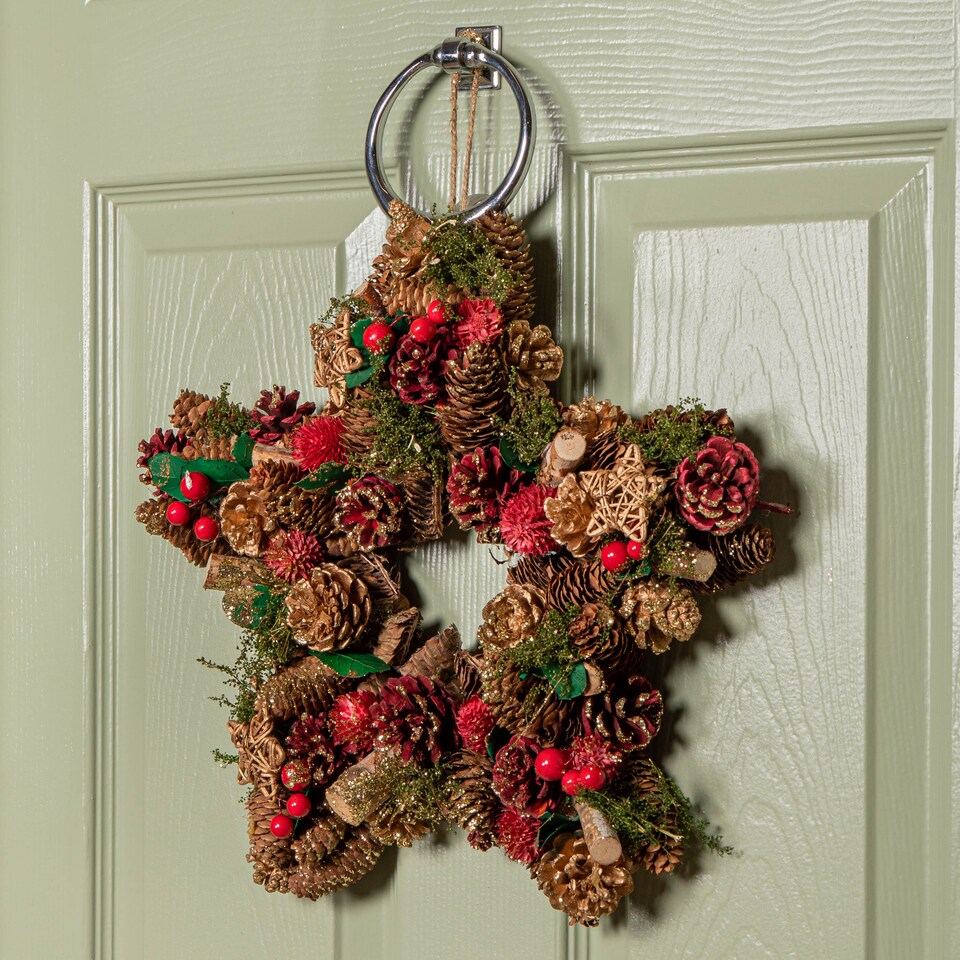 image 1 of 35cm Red Hanging Star Christmas Wreath with Red Berries and Pinecones