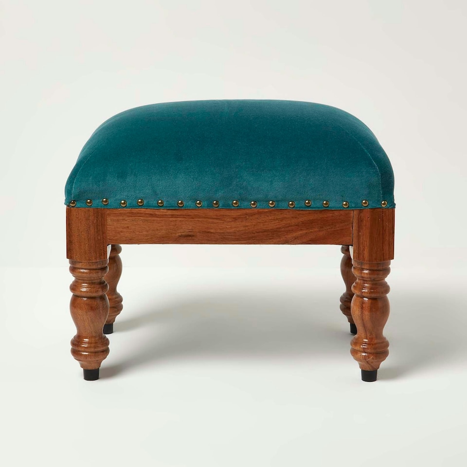 image 1 of Homescapes Mable Teal Green Velvet Rectangular Footstool