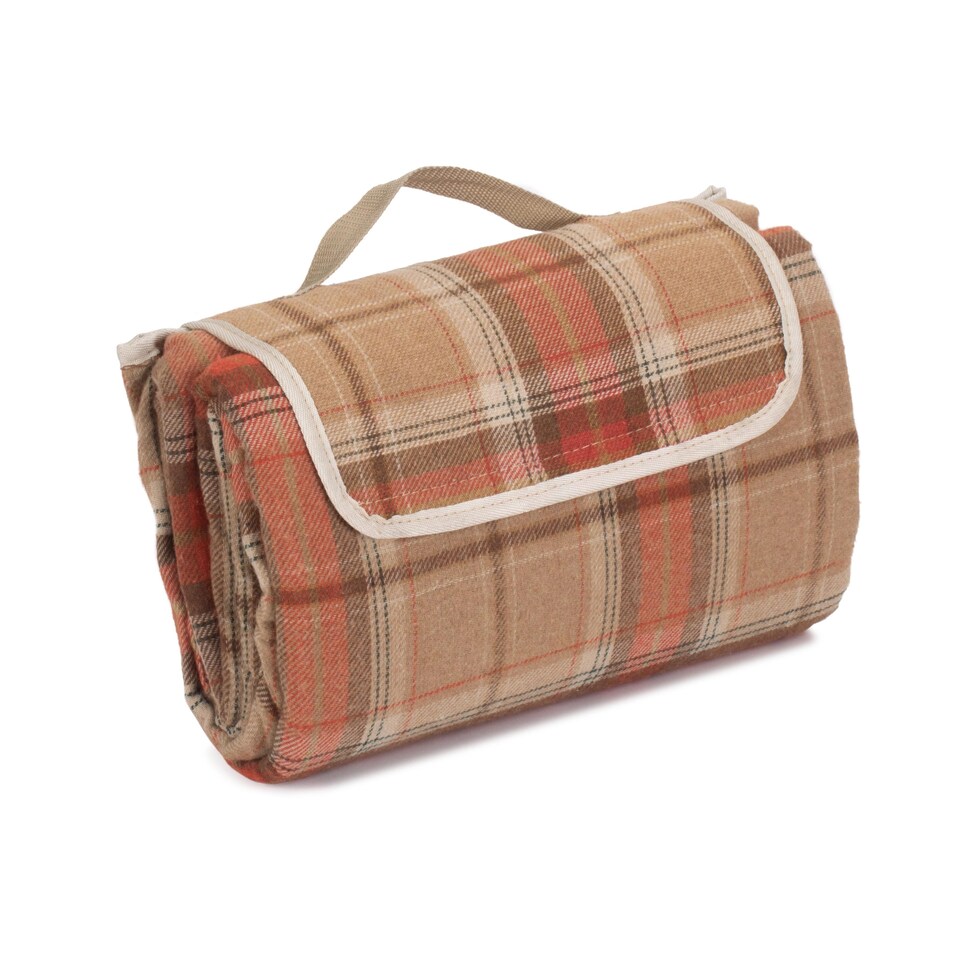 image 1 of Burnt Orange Polyester Fleece Tartan Picnic Rug | Orange | Orange