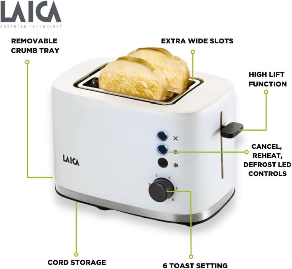 image 1 of LAICA Dual Flo 2 Slice Toaster, with Defrost & Reheat Functions, High-Lift & Wide Slots - White