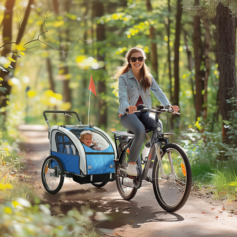 image 1 of HOMCOM 2 Seat Bike Trailer with 5 Point Harness, for 18+ Months, Blue