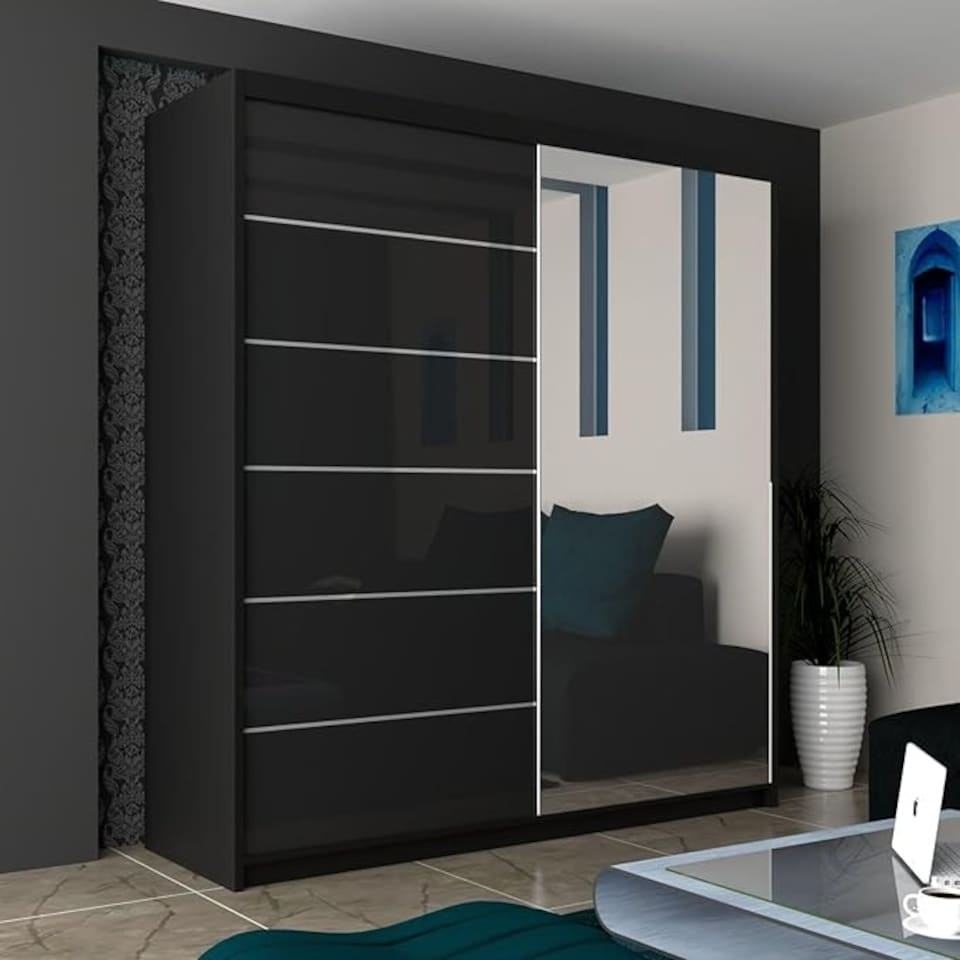 image 1 of Stylish 150cm Bedroom Wardrobe with Sleek Design & Space-Saving Sliding Doors Black | Black150cm 