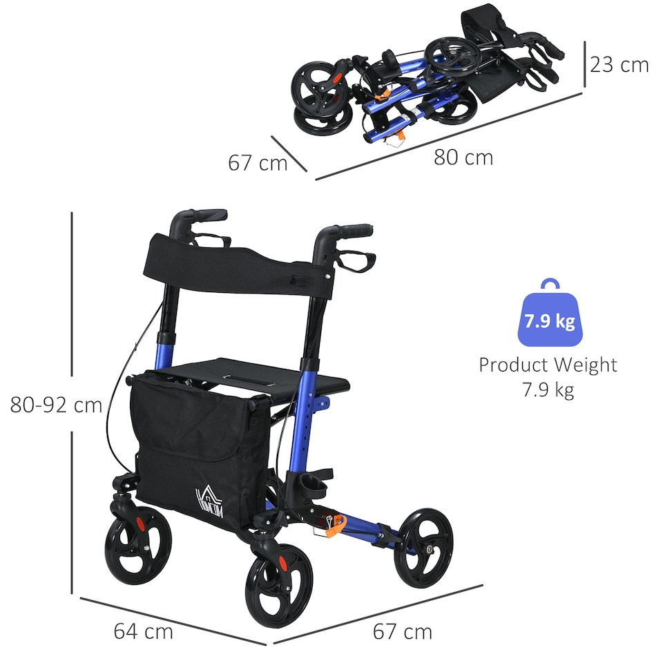 image 1 of HOMCOM 4 Wheel Rollator with Seat and Back, Folding Mobility Walker with Carry Bag, Adjustable Height, Dual Brakes, Cane Holder, Lightweight Aluminium Walking Frame for Seniors and Disabled, Blue