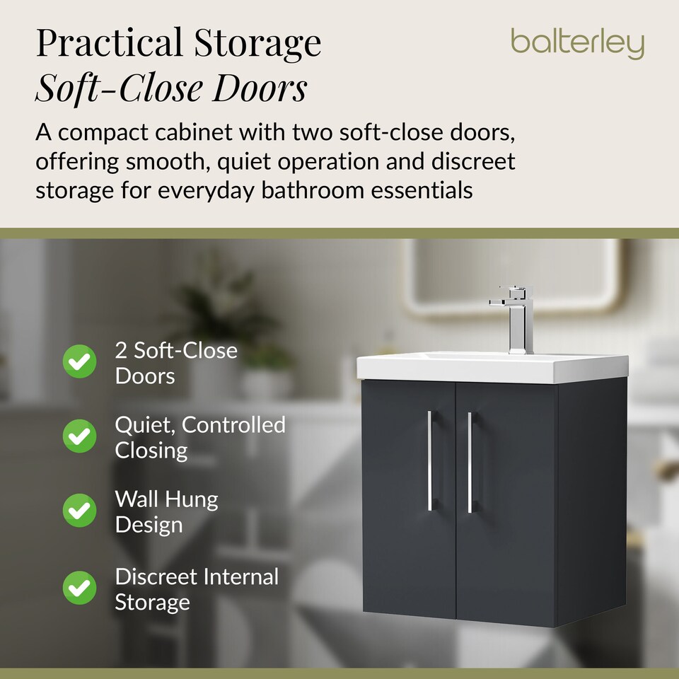 image 1 of Balterley Modern Bathroom 2 Soft Close Door Wall Hung Vanity Unit & Rectangular Mid-Edge Basin | Grey | Soft Black