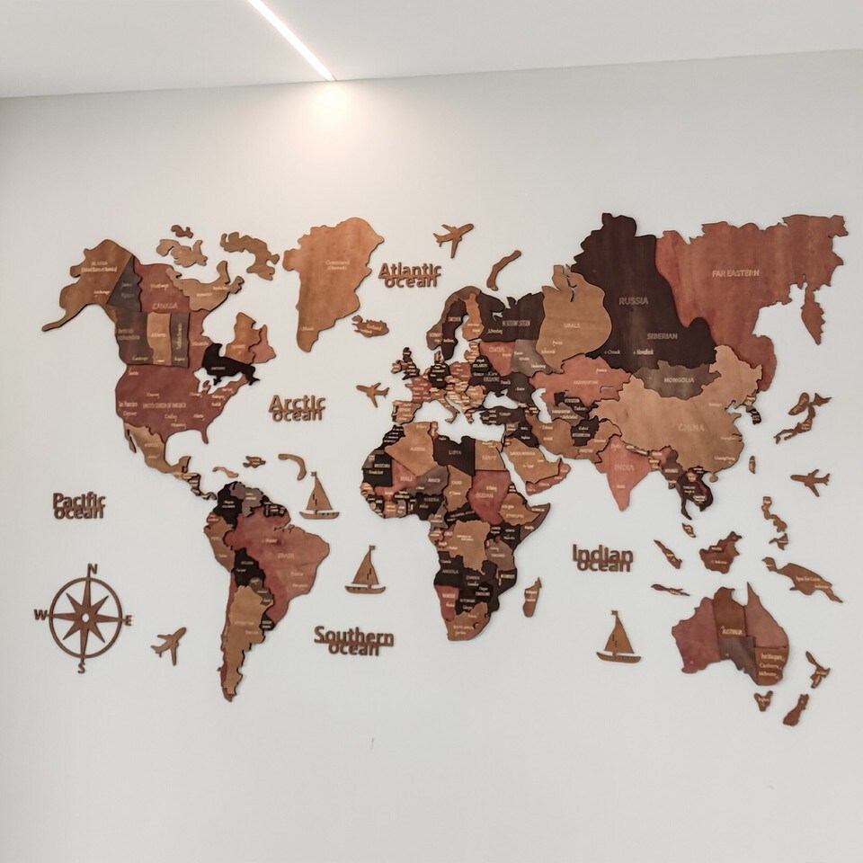 image 1 of 3D Wooden World Map Wall Decor Wall Art Home Office Travel Birthday Decoration