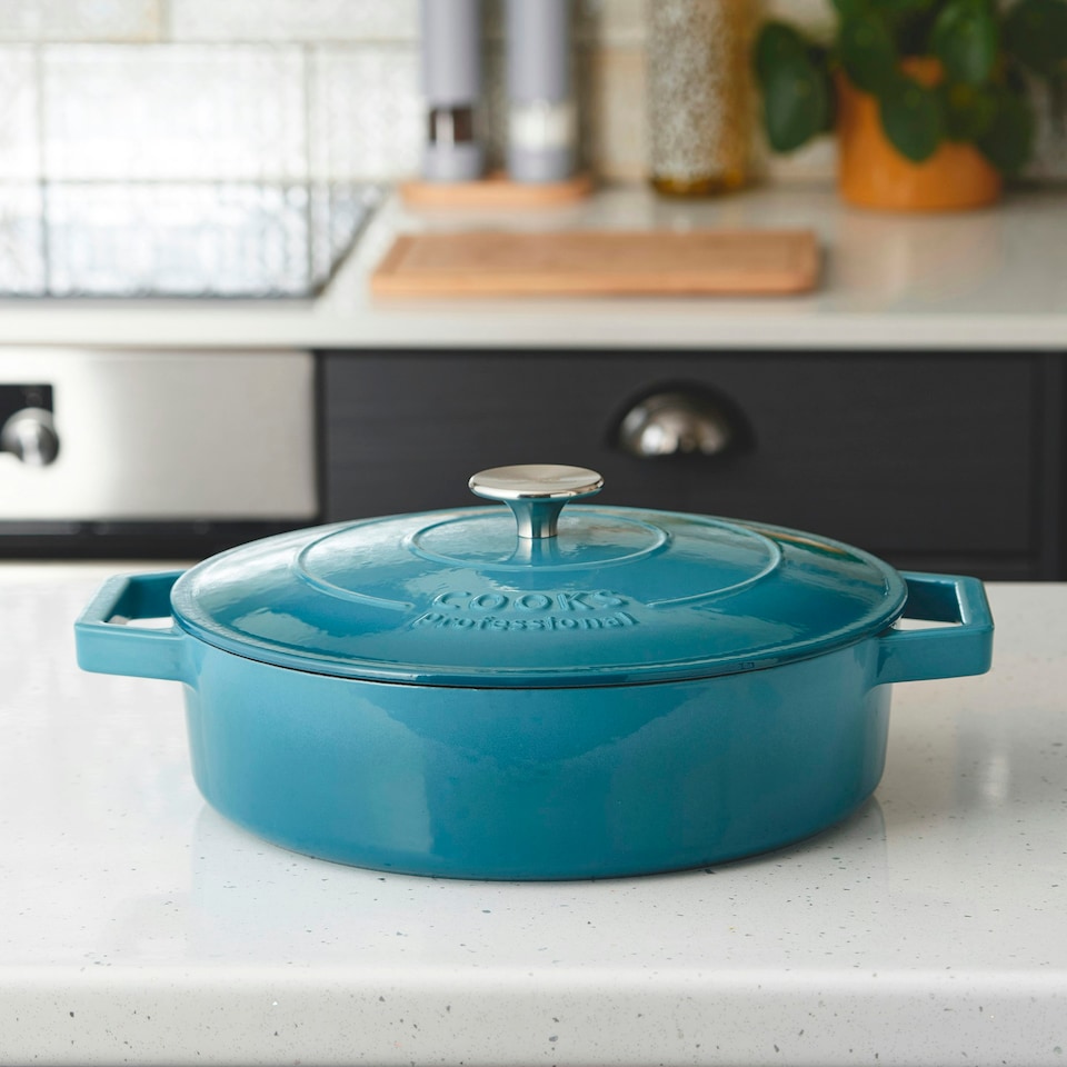 image 1 of Cooks Professional Cast Iron Casserole Set of 2 | 26cm and 28cm | Enamelled Inside and Out | Graduated Teal