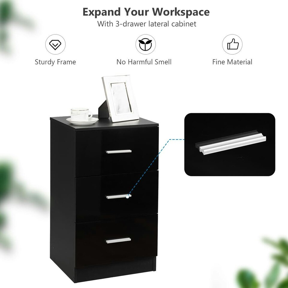image 1 of COSTWAY 2Pcs NightStand 3-Drawer Chest Storage Dresser Black Black