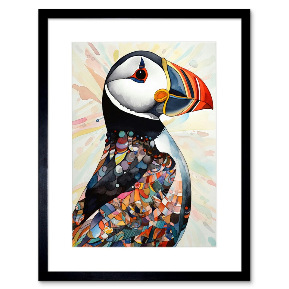 image 1 of Colourful Pattern Feather Puffin Bird Folk Art 9x7" Black Framed Wall Art Print