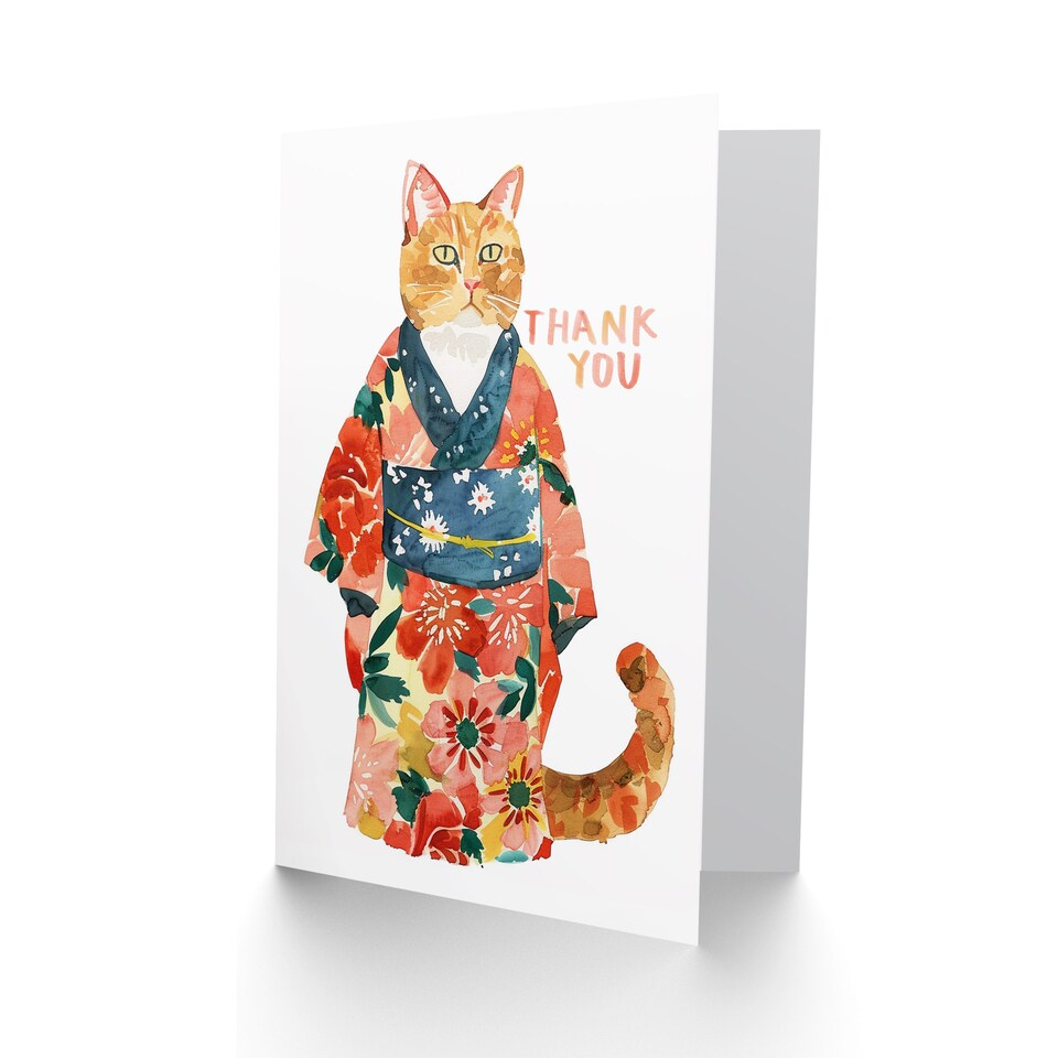image 1 of Orange Tabby Floral Kimono Cat Lover Watercolour Thank You Card