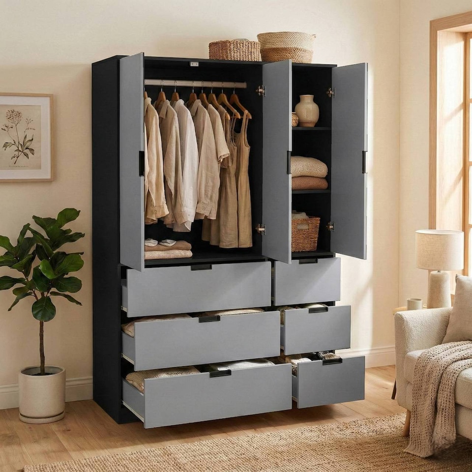 image 1 of RIGA 3 Door 6 Drawer Wardrobe | Black | Black & Grey | 10 x 44.5 x 79 | 1