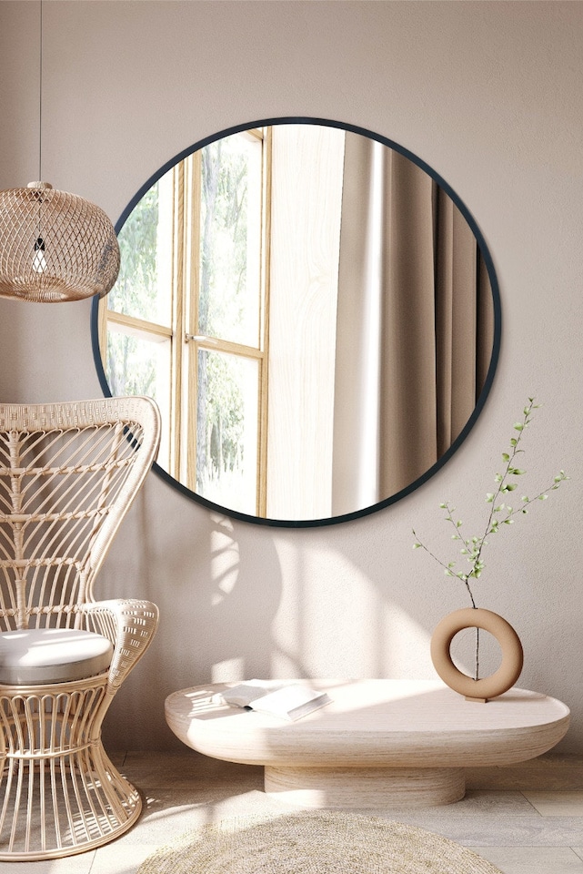 image 1 of The Fenestra - Black Edged Circular Modern Wall Mirror 43" (110CM) Diameter | Black