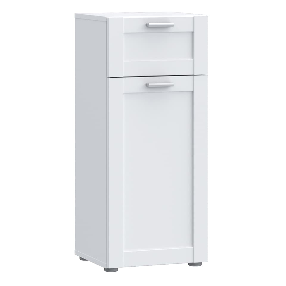 image 1 of Lokko Bathroom Storage Unit with 1 Door & 1 Drawer with Silver Handles in White